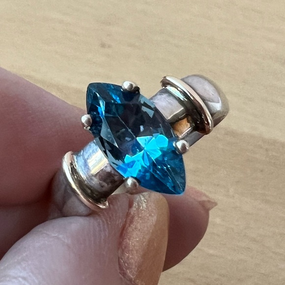 VINTAGE DESIGNER NAVETTE LONDON BLUE TOPAZ RING 14K GOLD 925 STERLING SILVER